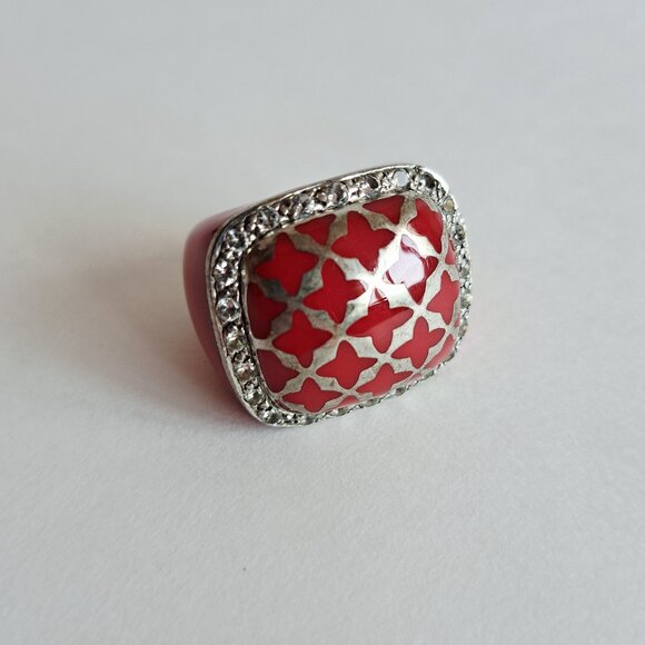 Angelique de Paris 925 Silver Zircon & Resin Red Square Ring Size 6 - Picture 1 of 12